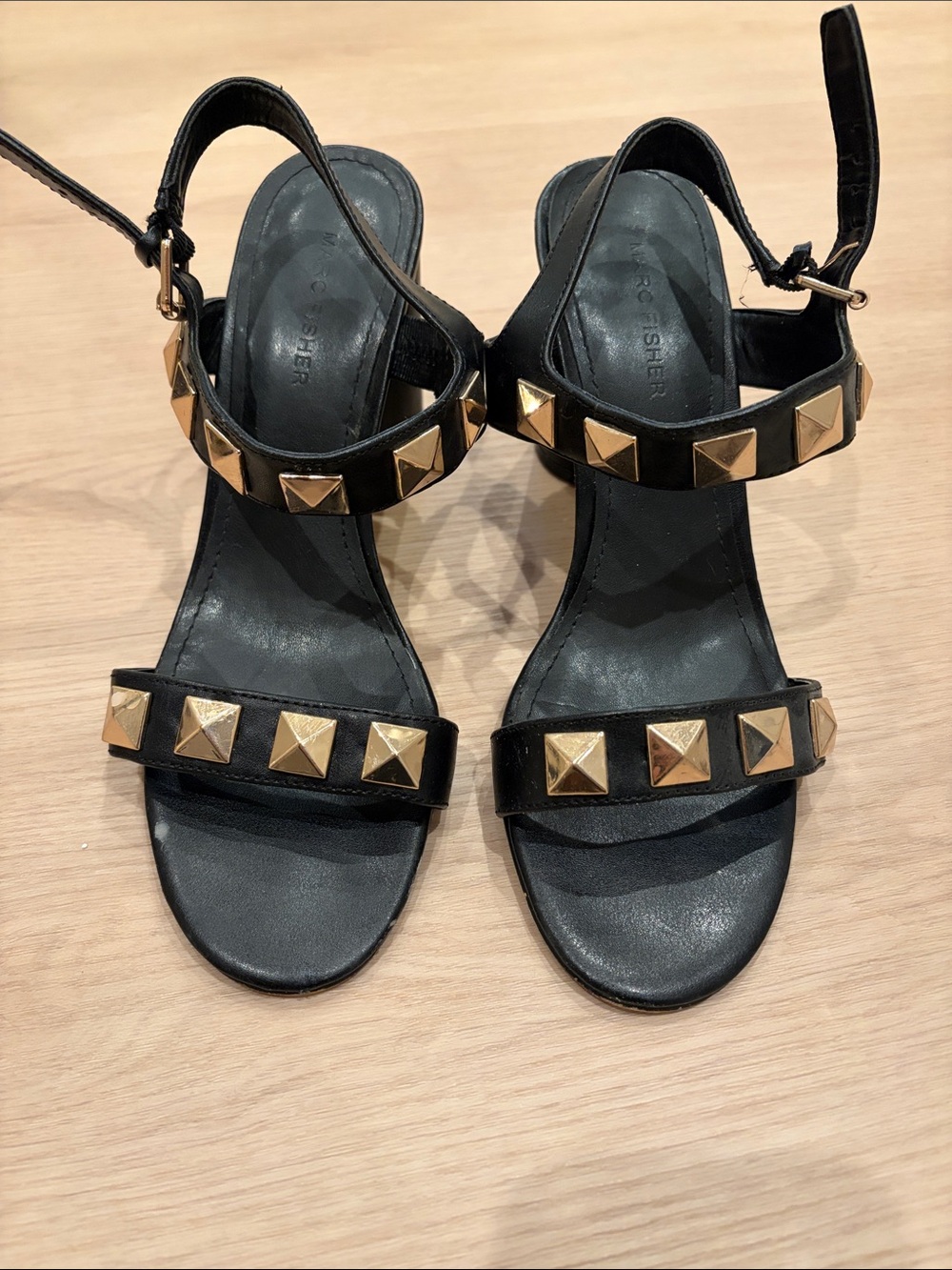 Marc Fisher Black Leather Sandals with Gold Pyramid Studs